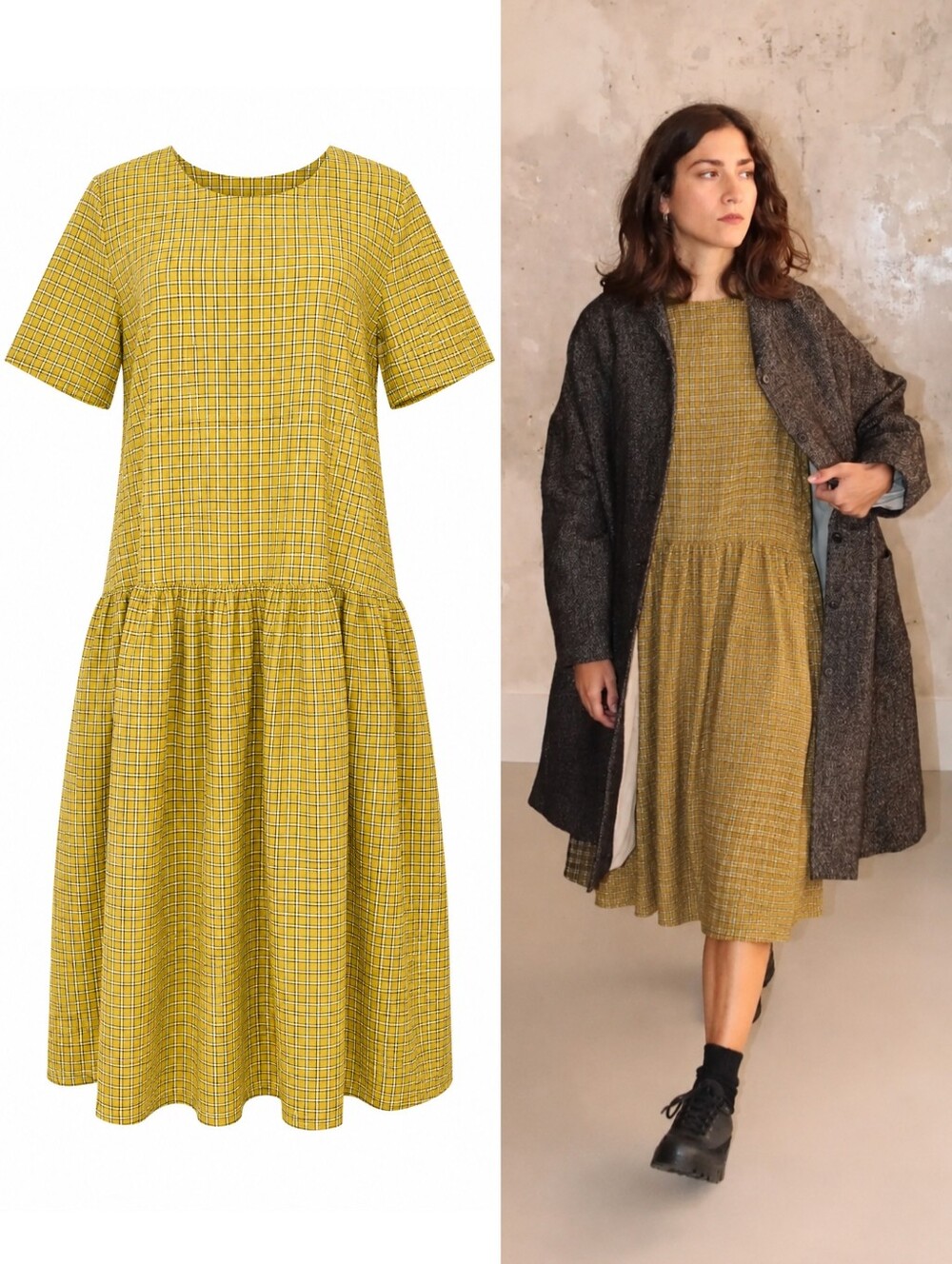 APUNTOB Yellow Plaid Cotton Oversized Midi Dress